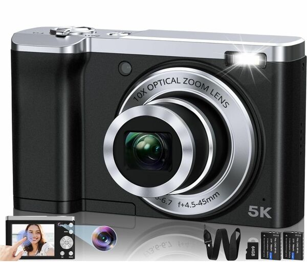 BRAND NEW 5K Digital Camera with Front and Rear Camera,Touch Screen, 64GB SD Card And 2 Batteries