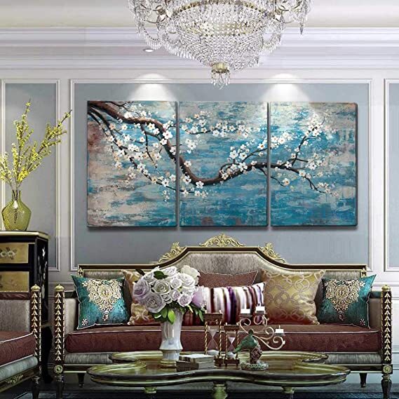 Extra Large Wall Art for Living Room 100% Hand-Painted Framed Decorative Floral Oil Painting Set Decorative Modern Blue Tree Artwork Ready to Hang 72"x36" Visit the amatop Store