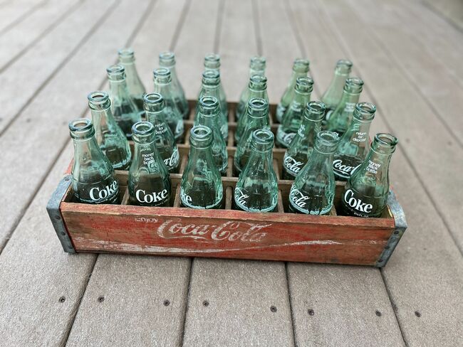 Vintage Coke Bottles And Red Wooden Case
