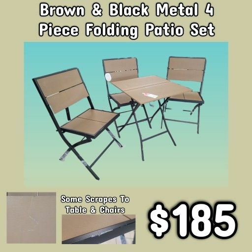 NEW Brown & Black Metal 4 Piece Folding Patio Set: Njft