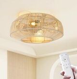 20 Inch Flush Mount Rattan Retro Ceiling Fan with Light, 6-Speed