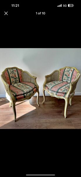 Pair of Antique French Cane and Upholstered Arm Chairs