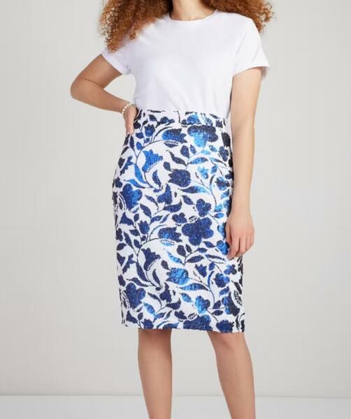 Kate Spade Blue & White Floral Sequin Pencil Skirt Size 4 NWT