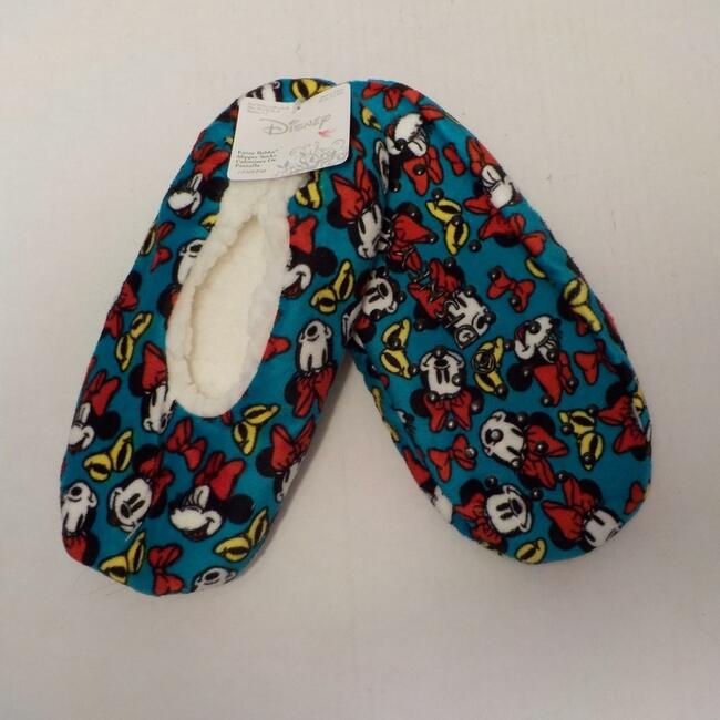 Disney Minnie Mouse Print Fuzzy Babba Slips Socks Blue Women size S/M Sole 9"