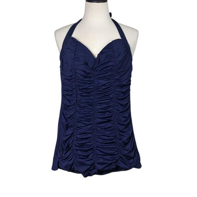 DKNY Retro 1920s Style Navy Blue One Piece Halter Ruched Swim Suit Dress Size 8