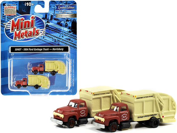 1957 Chevrolet Garbage Truck "Harrisburg Department of Public Works" Maroon and Yellow Set of 2 pieces 1/160 (N) Scale Models by Classic Metal Works