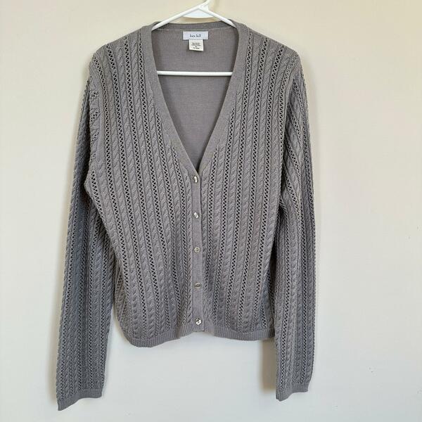 Kate Hill Cable Knit Cardigan Sweater V-Neck Button Front Long Sleeve Gray XL