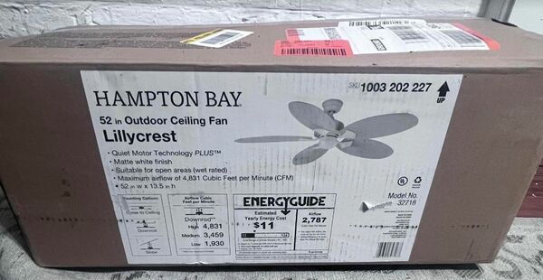 Hampton Bay Lillycrest 52 in. Indoor/Outdoor Matte White Ceiling Fan with Downrod and Reversible Motor; Light Kit Adaptable