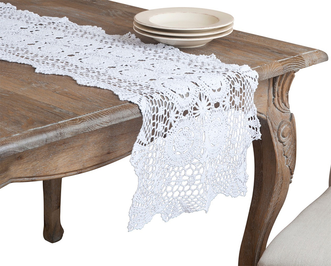 Hand Crocheted Cotton White Table Runner, 16"W x 54"L