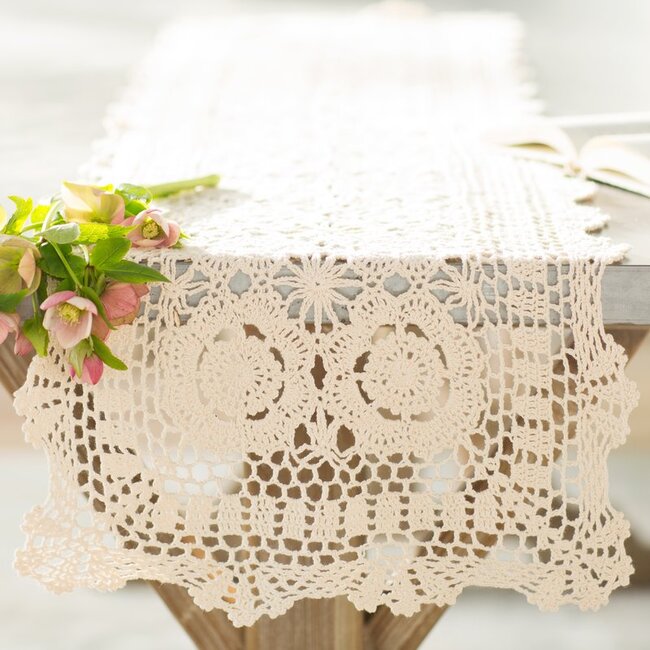 Hand Crocheted Cotton Beige Table Runner, 16"W x 54"L