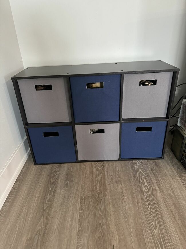 Two Sets Of Blue And Grey Shoe Storage