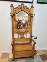 Antique Oak Hall Tree Bench With Beveled Glass Mirror and Umbrella Stand