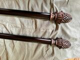2 decorative curtain rods and 4 brown sheer curtains - see description for measurements.