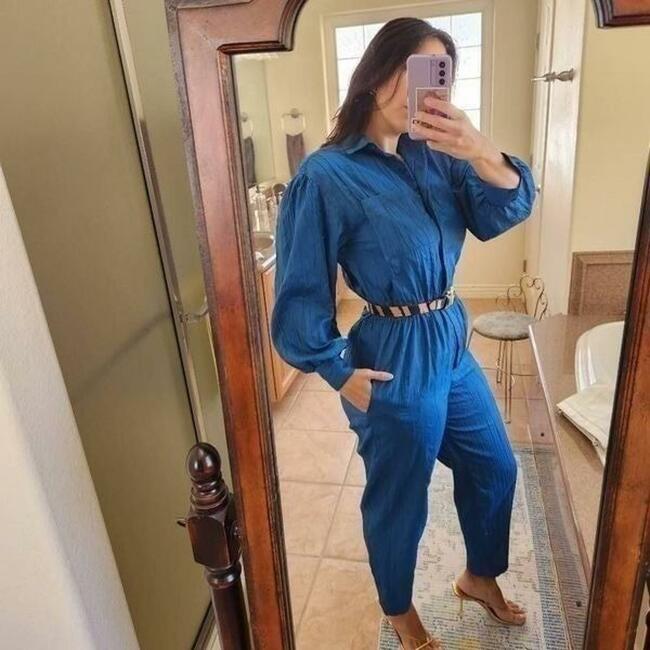 Donna Morgan large women's vintage '80s pleaded jumpsuit long sleeve teal blue