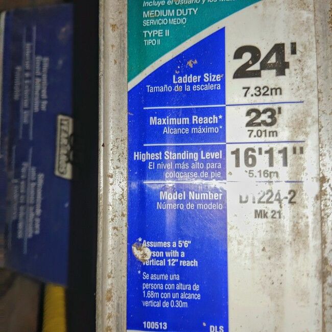 Werner 24foot D-,rung extension ladder type II 225 max load cap model # D1224-2 multi reaction style OBO