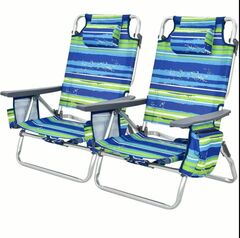 GYMAX Beach Chairs, 2-Pack Backpack Camping Chair w/Armrest, Cooler Bag, Cup Holder, Towel Bar & Pockets, Sunbath Sling Tanning Lounge, Folding Layout