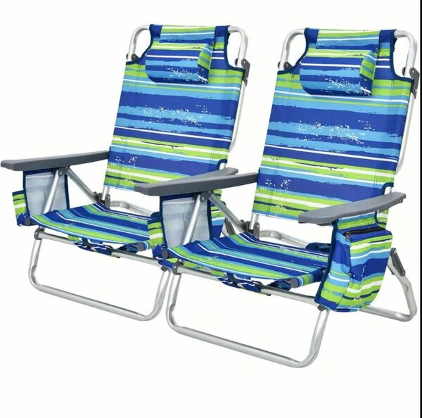 GYMAX Beach Chairs, 2-Pack Backpack Camping Chair w/Armrest, Cooler Bag, Cup Holder, Towel Bar & Pockets, Sunbath Sling Tanning Lounge, Folding Layout