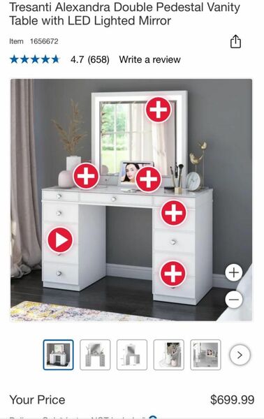 Tresanti Alexandra Double Pedestal Vanity Table with LED Lighted Mirror