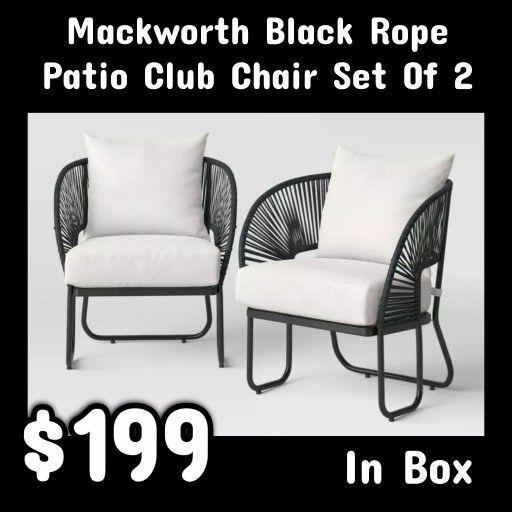 NEW Mackworth Black Rope Patio Club Chair Set Of 2: Njft