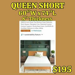 New QUEEN SHORT 60"W X 74"L Green Tea 8" Memory Foam Mattress: Njft