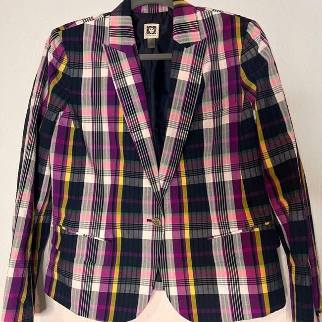 ANNE KLEIN Sz Med Seersucker Plaid Single Button Lined Blazer Jacket