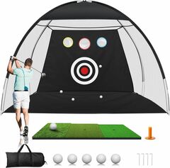 Golf Net, 10x7ft Golf Practice Net: Thickened Golf Hitting Net with Tri-Turf Mat, All in 1 Home Chipping Aid Nets for Backyard Driving Swing Indoor Ou