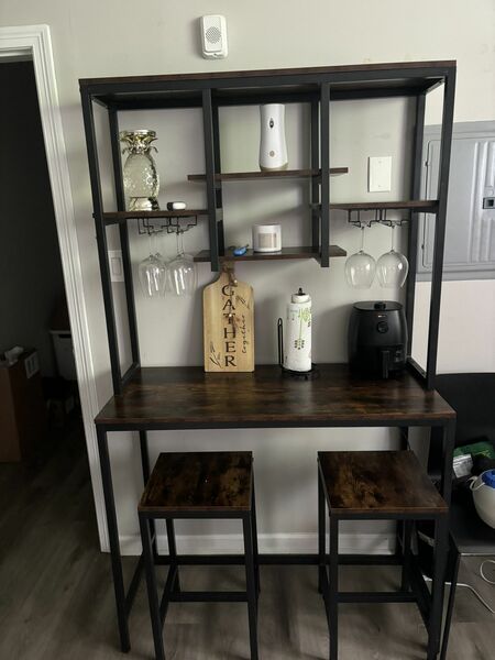 TribeSigns Bar Table Set, Pub Table and Chairs Set of 2 and Baker’s rack.