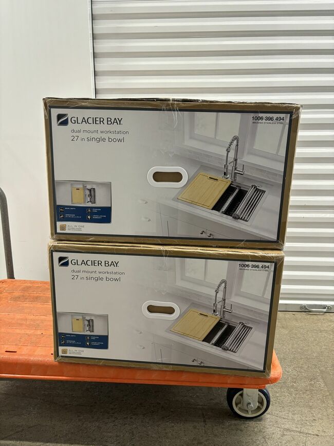 NEW Glacier Bay Dolancourt 27” Dual Mount Single Bowl 18G Stainless Steel Workstation Kitchen Sink with Spring Neck Faucet