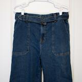 W12) Cropped cottagecore wideleg LARGE long cute front pocket detail pants belt