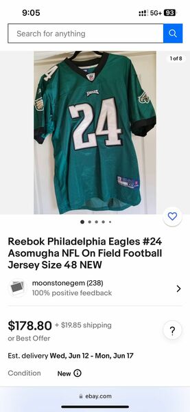 Reebok Philadelphia Eagles #24 Asomugha NFL On Field Football Jersey Size 50 NEW