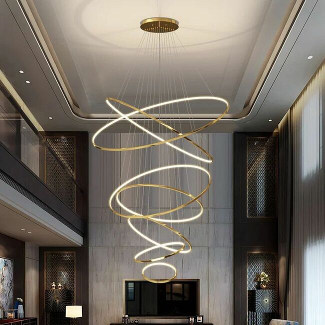 Modern 7-Ring Extra Large Gold LED Chandelier 47" for High Ceilings