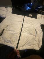 white and black north face puffer