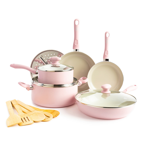 GreenLife Diamond Healthy Ceramic Nonstick, Cookware Pots and Pans Set, 14 piece, Pink