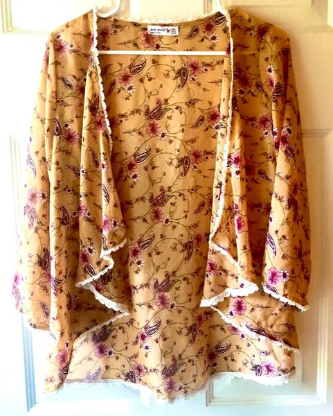 Knit Works Gold Burgundy Rose Pink Olive Paisley Floral Waterfall Kimono Sz XXL