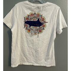 Guy Harvey Womens Size Medium White T-Shirt Marlin V Neck Short Sleeve EUC
