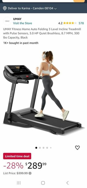 UMAY Fitness Home Auto-Folding Incline Treadmill With Pulse Sensors, 3.0 HP Quiet Brushless, 8.7 MPH, 300 Lbs Capacity