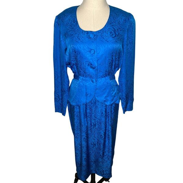 Adrianna Papell 4 Matching Set 100% Silk Skirt Top Suit Blazer Jacket Royal Blue