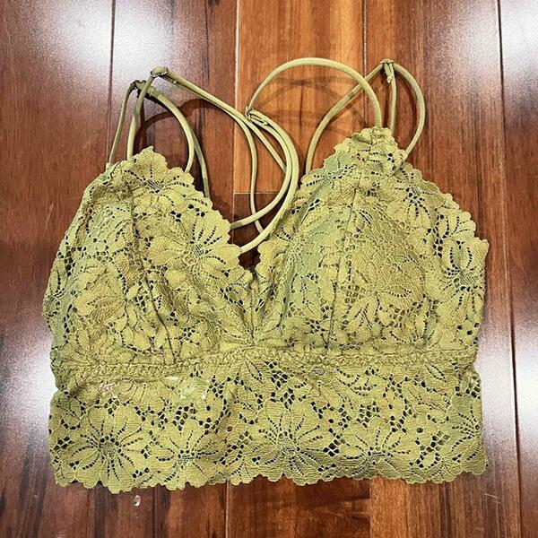 Victoria's Secret PINK Green Bralette Floral Lace Strappy V Neck Crop Top Sz S