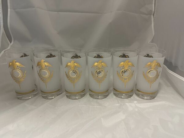 Vintage MCM Libbey glassware gold Eagle & Laurel Wreath Frosted