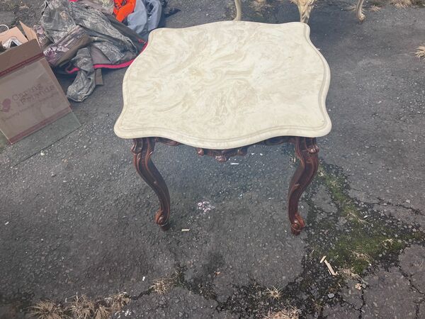Italian Walnut Tables With Marble Tops