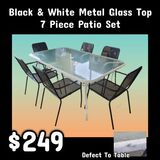 NEW Black & White Metal Glass Top 7 Pc Outdoor Patio Dining Set: njft