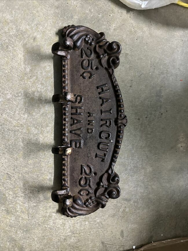 CAST IRON HAIR CUT AND SHAVE 25 CENTS BATHROOM HANGER  SIGN 13" LONG VG CONDITIO