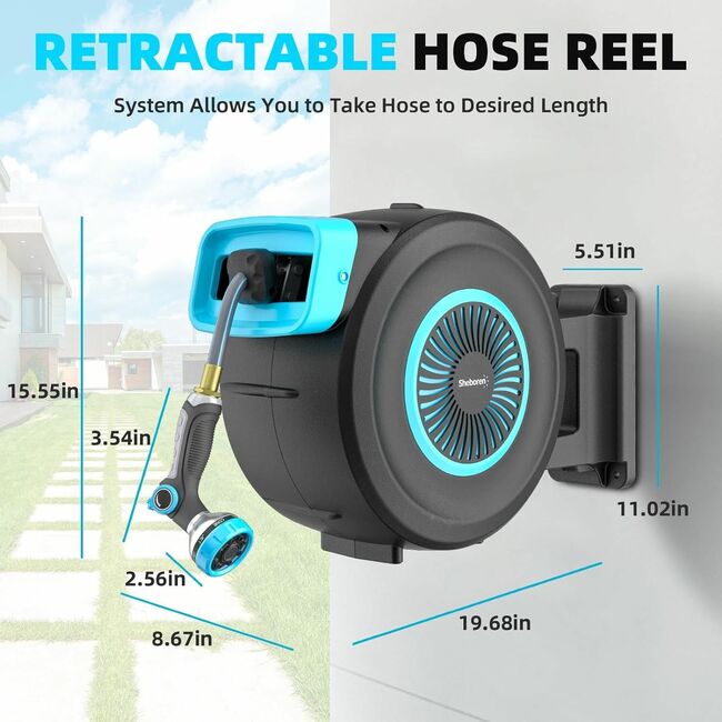 Sheboren Retractable Garden Hose Reel,1/2'' x 100FT+5FT Water Hose Reel Wall Mount,180 Deg Swivel Bracket, Any Length Lock, Automatic Rewind,9 Pattern