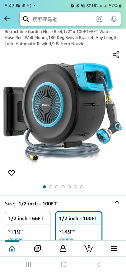 Sheboren Retractable Garden Hose Reel,1/2'' x 100FT+5FT Water Hose Reel Wall Mount,180 Deg Swivel Bracket, Any Length Lock, Automatic Rewind,9 Pattern