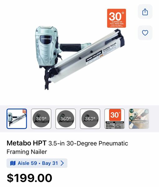 Metabo HPT 30 Degree Framing Pneumatic Nail Gun